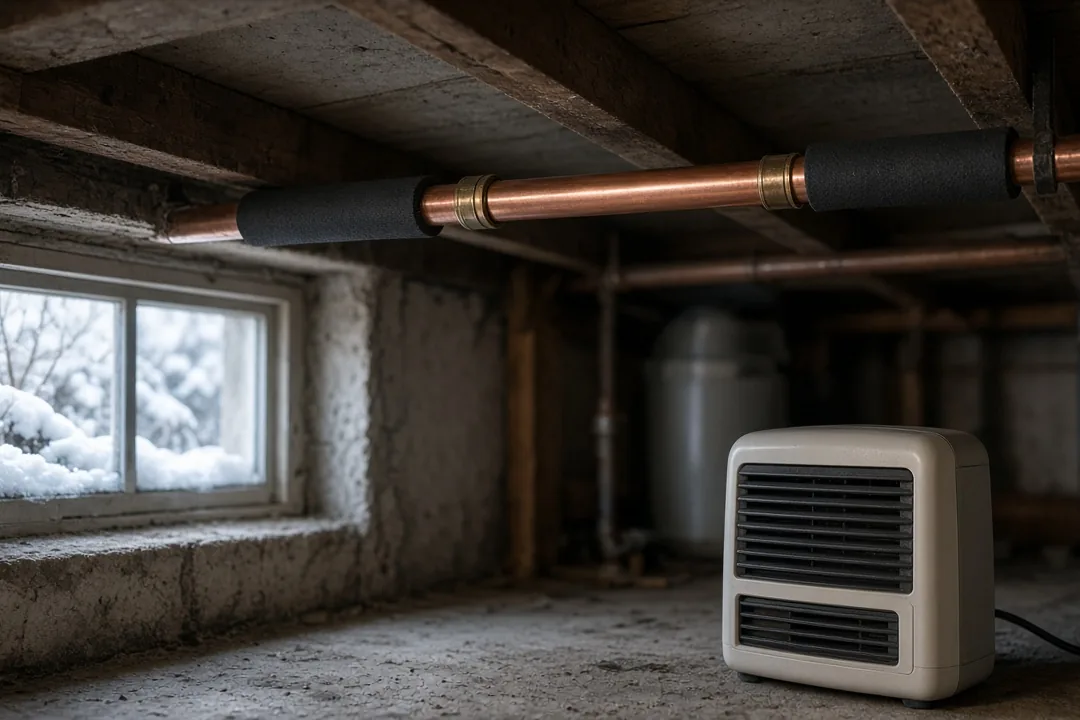Repaired section of insulated pipe on a basement ceiling with snow outside the window