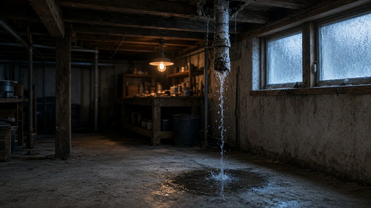 Basement of a Craftsman home with water dripping from a burst pipe in winter